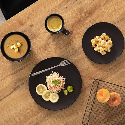 Rimmed Dinnerware Set | Mugs, Salad and Dinner Plates and Bowls Sets, Dishes with Highly Chip and Crack Resistant, Dishwasher and Microwave Safe (Black, Service For 8)
