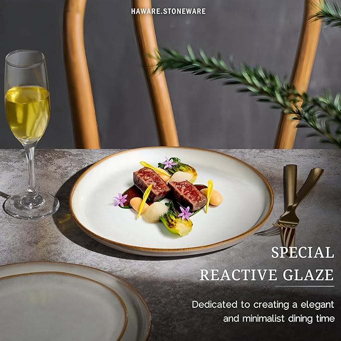 HaWare Stoneware Dinner Plates Set of 6, 10" Heavy Duty Ceramic Plates, Reactive Glaze Dinnerware for Home Restaurant, Chip and Scratch Resistant, Microwave and Dishwasher Safe, Reactive Pearl White