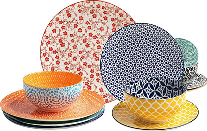 LEHAHA 12 Pieces Ceramic Dinnerware Sets, Porcelain Round Dinner Set for 4, Microwave and Dishwasher Safe Plates and Bowls Dishes Sets, Kitchen Dinner Dinning Ware Set, Assorted Colors