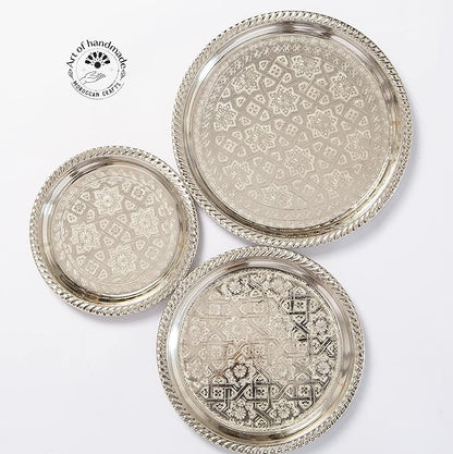 Moroccan Tea Tray Serving Cocktail Silver Handmade Fez Small Or Large Round (9/11/13/15 Inches) (9 Inches)