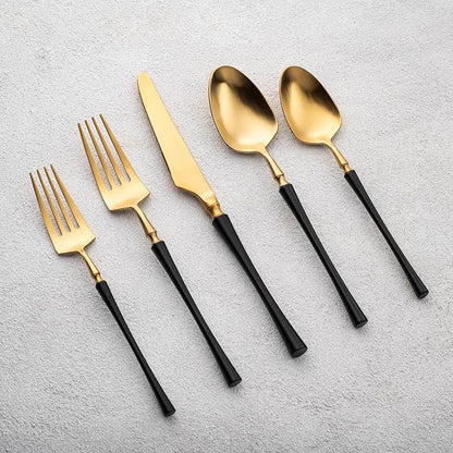Vikko Decor Vintage Silverware Set: Unique Brushed Black and Gold Silverware- Luxury 18/10 Stainless Steel Flatware - Satin Matte Cutlery Set for Upscale Dining - 20 Piece Set - Service for Four (4)