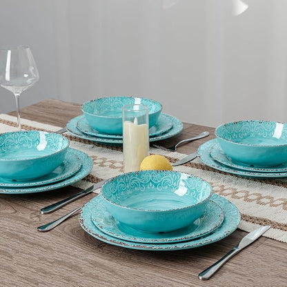 12-Piece Farmhouse Dinnerware Set, set of 4, 100% Melamine Dishes Serving Set with Plates and Bowls, Non-breakable and Lightweight Dinner Set for indoor and outdoor entertaining, Light Teal
