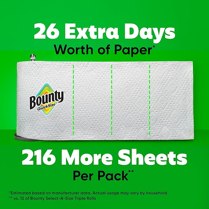 Bounty Quick-Size Paper Towels, White, 12 Family Triple = 40 Regular Rolls
