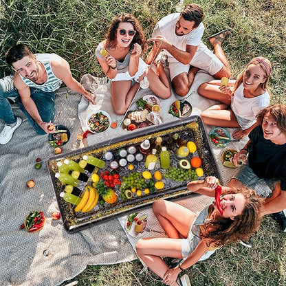 8 Pcs Glitter Inflatable Serving Bar Kit Includes 2 Salad Buffet Tray with Drain Plug 5 Mesh Food Cover 1 Inflator Inflatable Food Drink Containers for Outdoors Pool Party Camping(Black)