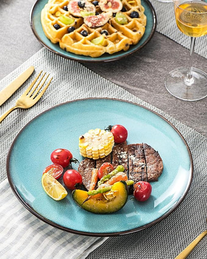 HENXFEN LEAD Dinner Plates Set of 4, Large Serving Dishes 10 Inch for Steak, Salad, Pasta - Stoneware Dinnerware Sets Dishwasher, Microwave, Oven Safe, Aqua