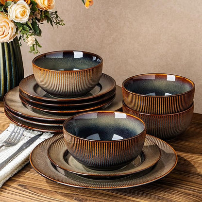 TheTerra Stoneware Dinnerware Sets for 4, 12 Pieces Ceramic Plates and Bowls Sets, Scratch Resistant Embossed Dish Set, Oven, Microwave & Dishwasher Safe, Coca Mocha