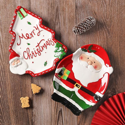 10.3 Inches Snacks Appetizer Trays Set, Christmas Tree Dessert Serving Dishes, Snack Platter, Food Cereal Salad Bowl, Santa Claus High Relief Bowl Ceramic Plate