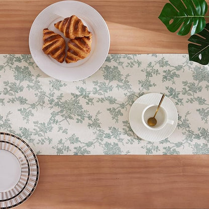 100% Cotton French Pastoral Table Runners, 13x108 Inch Vintage Green Farmhouse Table Runners 108 Inches Long, Vintage Flowers Print Home Decors