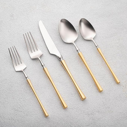 Vikko Decor Vintage Silverware Set: Brushed Silver and Gold Silverware- Luxury 18/10 Stainless Steel Flatware - Satin Matte Cutlery Set for Upscale Dining - 20 Piece Set - Service for Four (4)