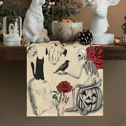 Flower Skulls Halloween Table Runner Seasonal Autumn Kitchen Dining Linen Table Decoration for Indoor Outdoor Home Party Decor 13 x 72 Inch