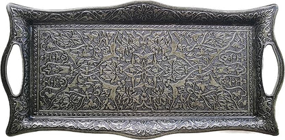 Metal Serving Tray with Raised Edges, Vintage Design Tray, Rectangular Metal Serving Tray, Decorative Serving Platter, Turkish Ottoman Coffee Tea Beverage Serving Square Tray (Smoke Gray)