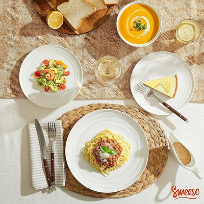 Sweese Porcelain Dinnerware Sets for 6, 18 Pieces Ceramic Plates and Bowls Sets, Handcrafted Minimalist Dinner Set, Chip and Scratch Resistant Dish Set, Dishwasher & Microwave Safe, White