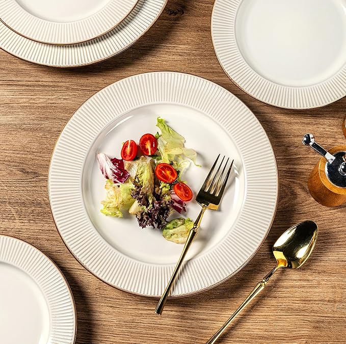 GBHOME Ceramic Dinnerware Sets,12 pcs Embossed Elegant Stoneware Plates and Bowls Sets, Housewarming Wedding Gift | Dishwasher & Microwave Safe | Dishes Set Service for 4