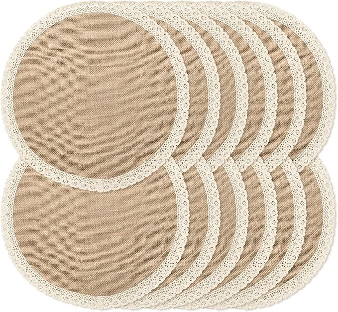 Round Burlap Placemats Set of 12 Jute Rustic Place Mats for Dining Tables Heat Resistant Natural Farmhouse Table Mats Decor for Thanksgiving (Brown lace)