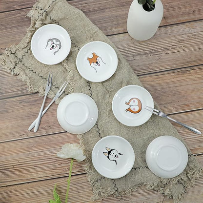 Funny Dogs Head and Butt Pattern Ceramic Sauce Dishes, Seasoning Dishes, Sushi Soy Dipping Bowls, Appetizer Plates, Dessert Plates, Little Cat Bird Feeding Bowls, Set of 6-Dogs-3.5 Inch