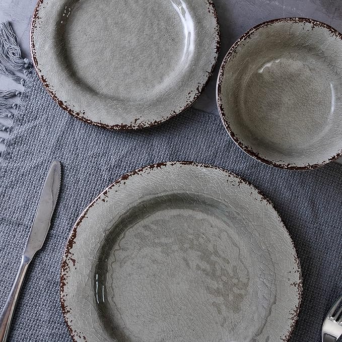 LEHAHA Farmhouse Melamine Dishes Dinnerware Set, 12 Piece Rustic Plates and Bowls Great for Picnic, Camping, Service for 4, Reusable and Dishwasher Safe, Indoor and Outdoor Use
