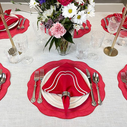 Embroidered Scalloped Faux Leather Placemats Set of 4 - Soft, Wipeable Luxury Dinner Table Mats for Dining, Wedding & Valentine's Day, Gift, 17.25" x 15", Red