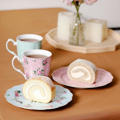 BTaT- Porcelain Floral Plates Set of 8, 8 Inch, Assorted Pastel Colors with Golden Rim, Floral Dessert Plates, Spring Dinnerware, Dishwasher & Freezer Safe