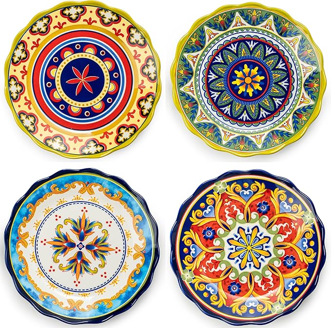 UNICASA Ceramic Dinner Plate Set of 4, 10.5 Inch Porcelain Pasta Plates Set– Serving Dishes for Salad, Steak, Colorful Boho Decoration, Microwave & Dishwasher Safe