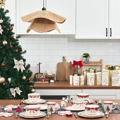 Bico Ribbon Christmas Scalloped Dinner Plates Set of 4, 11 Inch Large Ceramic Plates for Pasta, Steak, Stylish Serving Dishes, Microwave and Dishwasher Safe, Gift for Housewarming and Christmas