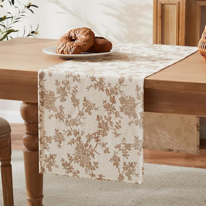 100% Cotton French Pastoral Table Runners, 13x108 Inch Brown Farmhouse Table Runners 108 Inches Long, Vintage Flowers Print Home Decors