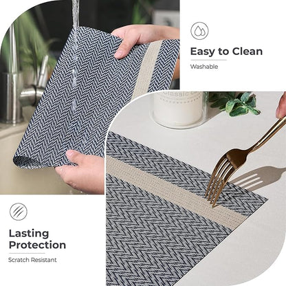 Leetaltree Sparkling Dark Blue Vinyl Woven Placemats Set of 12 - Washable Dining Table Place Mats Striped, Suitable for Wedding, Anniversary, Daily Use