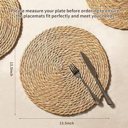 Round Woven Placemats Set of 4, 13.5'' Boho Rattan Chargers for Dinner Plates, Rustic Wicker Place Mats, Straw Braided Table Placemats, for Dining Table Decor, Wedding, Farmhouse and Outdoor