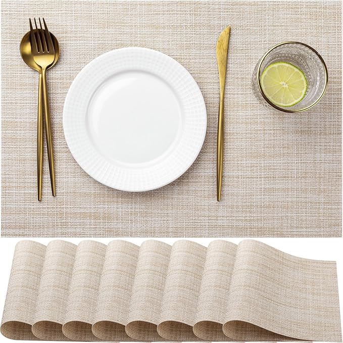 LEXMORE Placemats Set of 8 Vinyl/Plastic Woven Place Mats for Kitchen Table Indoor/Outdoor Washable Placemat Wipeable Dining Table Mats(A-Beige)