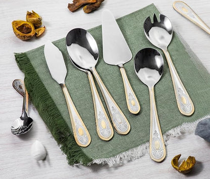 40 Piece Flatware Set - Includes 5 Piece Hostess Set - Vintage Design Handle with Gold Detailing - 18/10 Stainless (45 Piece, Lucca)