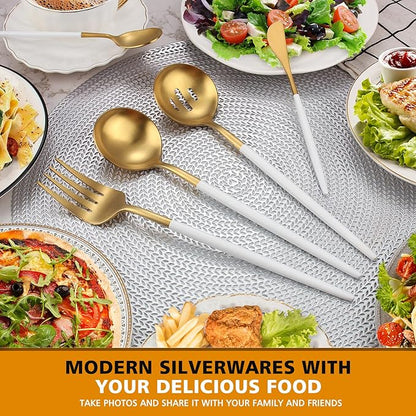 Serving Utensils,OPOLIA Matte White Gold Kitchen Utensils Set,5 PCS Stainless Steel Flatware Set for Buffet,include Serving Fork,Slotted Spoon,Soup Spoon,Butter Knife,Sugar Spoons,Dishwasher Safe