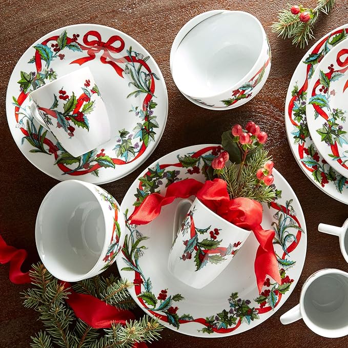 BrylaneHome 16 Piece Christmas Dinnerware Set (Service for 4), Includes Dinner & Salad or Dessert Plates, Bowls, Mugs, Red & Green Holly & Holiday Ribbon Pattern - White