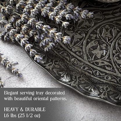 Coffee Tea Beverage Serving Tray, Vintage and Fancy Round Design (Antique Silver)