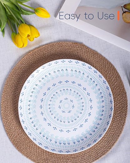 10.5 inch Dinner Plate Set of 6, Lightweight Round Opal Glass Dinnerware Plates, Dishwasher and Microwave Safe, Navy Geometric Floral Mandala Pattern