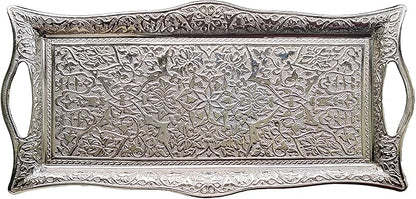 Metal Serving Tray with Raised Edges, Vintage Design Tray, Rectangular Metal Serving Tray, Decorative Serving Platter, Turkish Ottoman Coffee Tea Beverage Serving Square Tray (Silver)