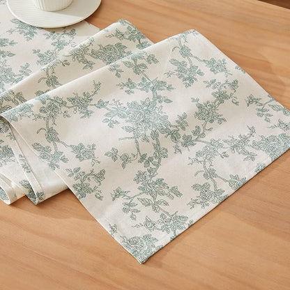 100% Cotton French Pastoral Table Runners, 13x108 Inch Vintage Green Farmhouse Table Runners 108 Inches Long, Vintage Flowers Print Home Decors
