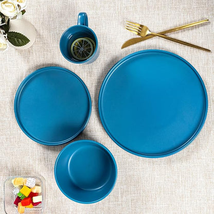Plates and Bowls Sets for 4 - CJDC-QUELO 16 Piece Stoneware Dinnerware Sets with Mugs, Ceramic Dishware Sets for Kitchen Dining Use, Chip and Scratch Resistant Microwave Dishwasher Safe, Blue