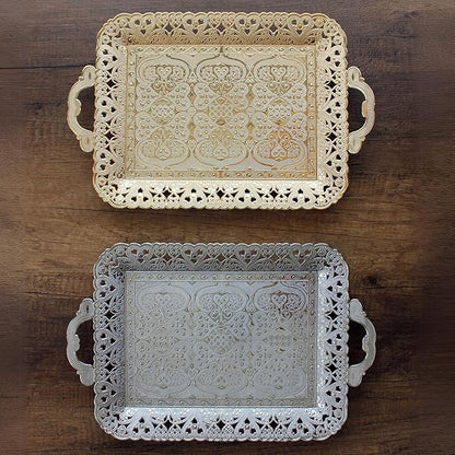 Turkish Vintage Style Entertaining Tray - |15.4” x 10.2”Multi-Purpose, Non-Tarnishing, Zamak Alloy, Decorative Ottoman Style - Rectangular Serving Tray for Coffee & Beverages (Gold)
