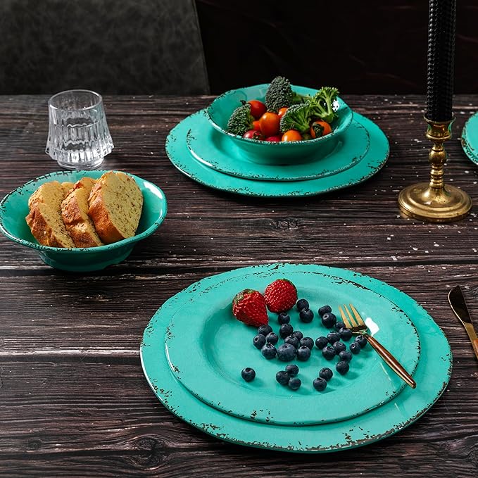 18-Piece Farmhouse Melamine Dinnerware Set - Shatterproof, Lightweight, and Durable Outdoor Dining Plates, Bowls, and Serving Dishes for Everyday Use, Camping, and Picnics, Light Green