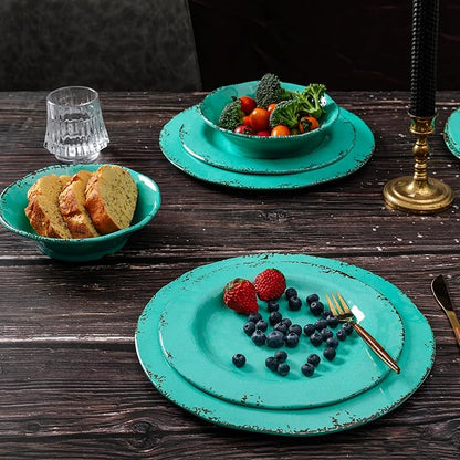 18-Piece Farmhouse Melamine Dinnerware Set - Shatterproof, Lightweight, and Durable Outdoor Dining Plates, Bowls, and Serving Dishes for Everyday Use, Camping, and Picnics, Light Green