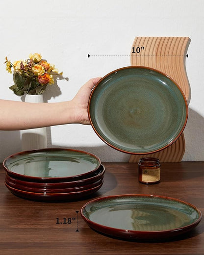 Stoneware Dinner Plates Set of 6, Ceramic Plates With Lipped Edges, Microwave/Dishwasher Safe, Modern Rustic Dinnerware, Kitchen Reactive Glaze Serving Dishes, Brown Green