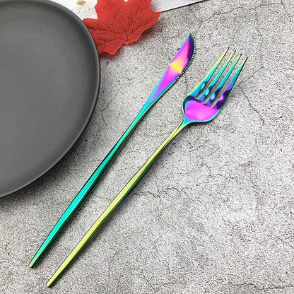 JASHII Silverware Set, Mirror Polished Rainbow Flatware Cutlery Set Service for 4, Shiny Finish 24 Pieces Stainless Steel Utensils Set Dinner Knife Fork Spoon Dessert Fork Salad Spoon Dishwasher Safe