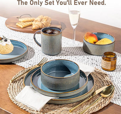 GBHOME 12-Piece Stoneware Dinnerware Set for 4 – Ribbed Ceramic Plates and Bowls, Scratch-Resistant, Microwave & Dishwasher Safe, Reactive Glaze, Deep Ocean