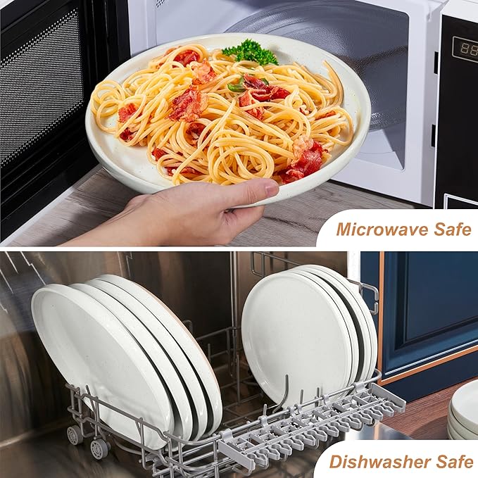 LIANYU Dinner Plates Set of 4, 10.5 Inch Stoneware Plate for Kitchen Dining, Large & Round Ceramic Salad Dishes Set, Microwave, Oven & Dishwasher Safe, Scratch Resistant, Stackable, Snowy White