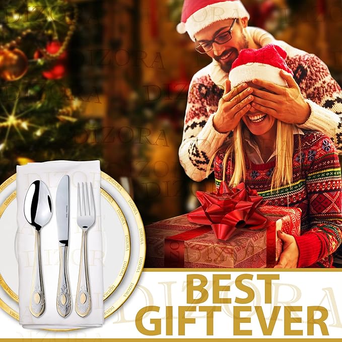 75-Piece Gold Flatware Set Dining Service for 12 - Premium 18/10 Stainless Steel - 24K Gold Plated Trim - Silverware Serving Set Lightweight - Wood Flatware Box - Dishwasher Safe (Medalion)