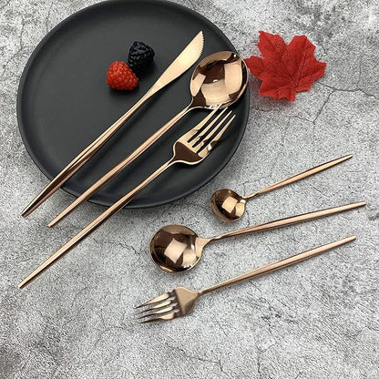 JASHII Silverware Set, Mirror Polished Copper Flatware Cutlery Set Service for 4, Shiny Finish 24 Pieces Stainless Steel Utensils Set Dinner Knife Fork Spoon Dessert Fork Salad Spoon Dishwasher Safe