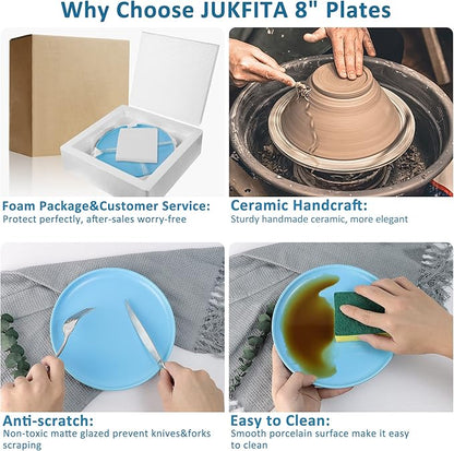 8 Inch Dinner Plates, Matte Blue Ceramic Plates Set of 3, Scratch, Microwave & Dishwasher Safe