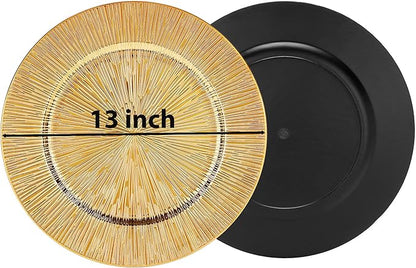 Value Set of 24 Charger Plates, Gold Plastic Dinner Chargers 13 Inch Multi-Use for Holiday Decor Restaurant Catering Special Events