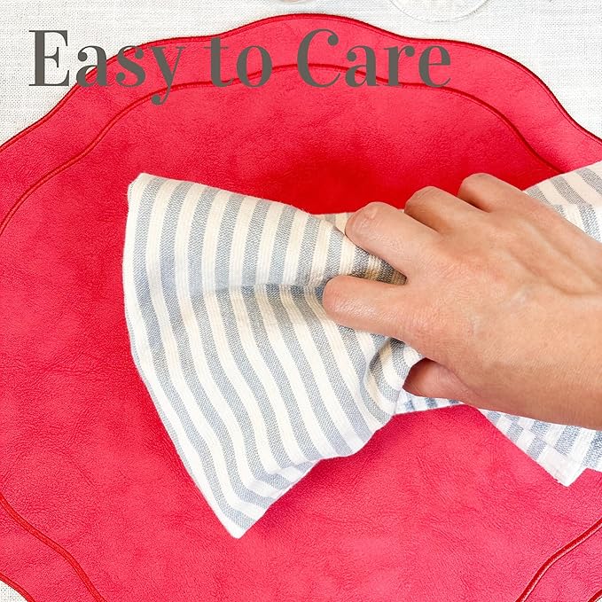 Embroidered Scalloped Faux Leather Placemats Set of 4 - Soft, Wipeable Luxury Dinner Table Mats for Dining, Wedding & Valentine's Day, Gift, 17.25" x 15", Red