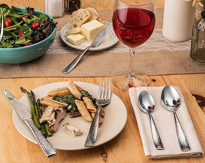 Hudson Essentials 68-Piece Hammered 18/10 Stainless Steel Silverware Cutlery Set with Serving Set, Flatware Service for 12 (68-Piece Set)