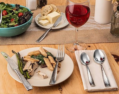 Hudson Essentials 68-Piece Hammered 18/10 Stainless Steel Silverware Cutlery Set with Serving Set, Flatware Service for 12 (68-Piece Set)